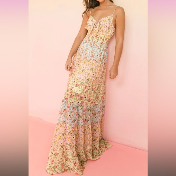 ✨NEW LIST✨ Tiny Flowers Tie Front Pastel Spaghetti Strap Maxi Dress - Picture 3 of 5